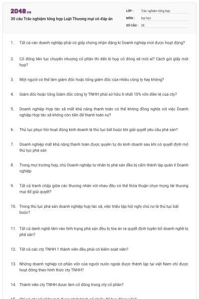30 câu Trắc nghiệm tổng hợp Luật Thương mại có đáp án