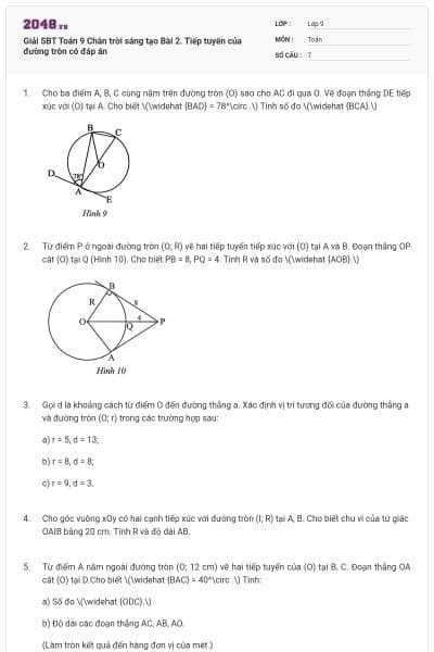 Giải SBT Toán 9 Chân trời sáng tạo Bài 2. Tiếp tuyến của đường tròn có đáp án