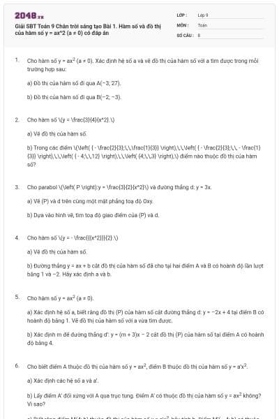 Giải SBT Toán 9 Chân trời sáng tạo Bài 1. Hàm số và đồ thị của hàm số y = ax^2 (a ≠ 0) có đáp án