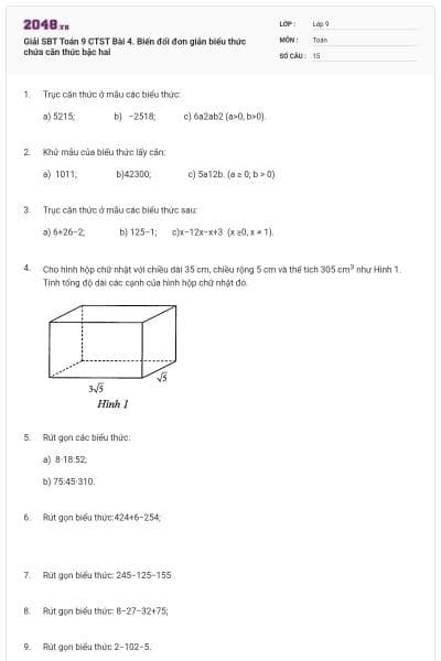 Giải SBT Toán 9 CTST Bài 4. Biến đổi đơn giản biểu thức chứa căn thức bậc hai