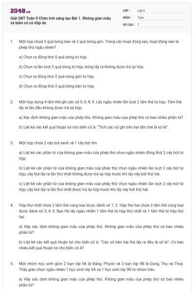 Giải SBT Toán 9 Chân trời sáng tạo Bài 1. Không gian mẫu và biến cố có đáp án