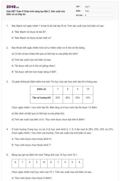 Giải SBT Toán 9 Chân trời sáng tạo Bài 2. Xác suất của biến cố có đáp án
