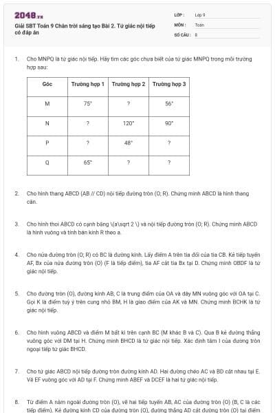 Giải SBT Toán 9 Chân trời sáng tạo Bài 2. Tứ giác nội tiếp có đáp án