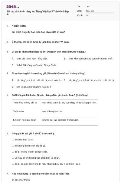 Bài tập phát triển năng lực Tiếng Việt lớp 3 Tuần 4 có đáp án