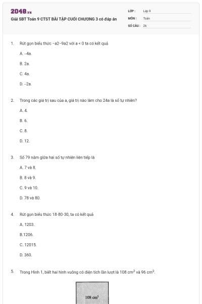 Giải SBT Toán 9 CTST BÀI TẬP CUỐI CHƯƠNG 3 có đáp án