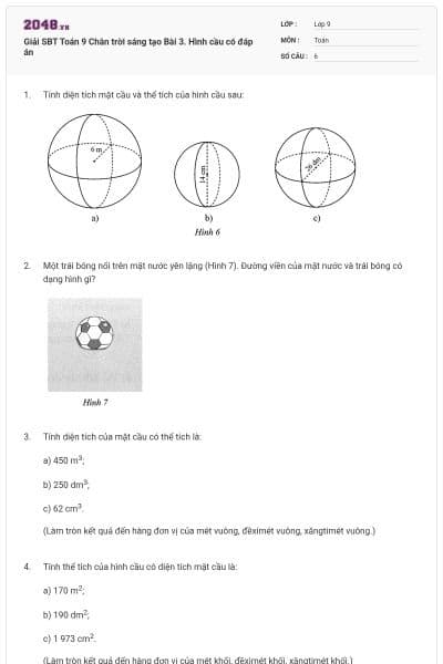 Giải SBT Toán 9 Chân trời sáng tạo Bài 3. Hình cầu có đáp án