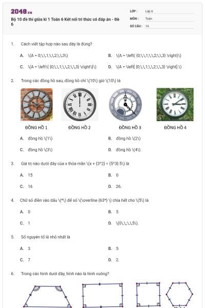 Bộ 10 đề thi giữa kì 1 Toán 6 Kết nối tri thức có đáp án - Đề 6