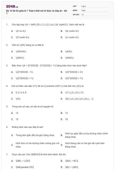 Bộ 10 đề thi giữa kì 1 Toán 6 Kết nối tri thức có đáp án - Đề 7