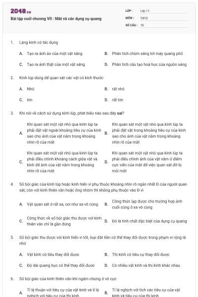 Bài tập cuối chương VII : Mắt và các dụng cụ quang