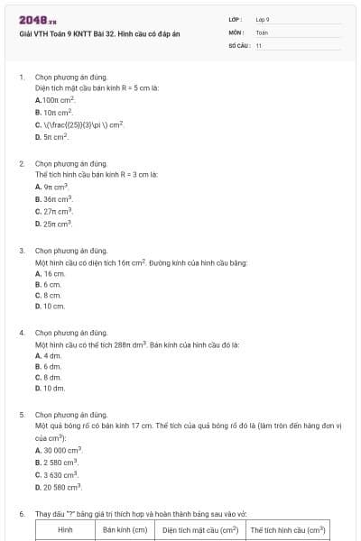 Giải VTH Toán 9 KNTT Bài 32. Hình cầu  có đáp án