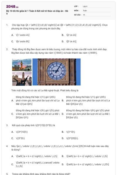 Bộ 10 đề thi giữa kì 1 Toán 6 Kết nối tri thức có đáp án - Đề 9