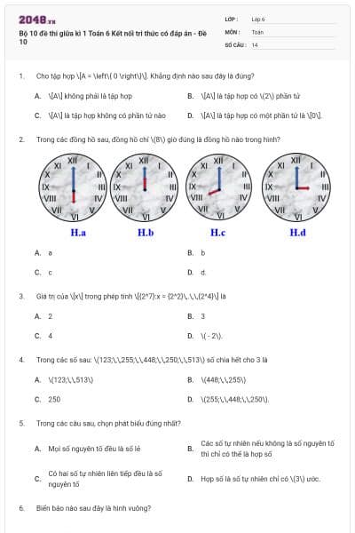 Bộ 10 đề thi giữa kì 1 Toán 6 Kết nối tri thức có đáp án - Đề 10