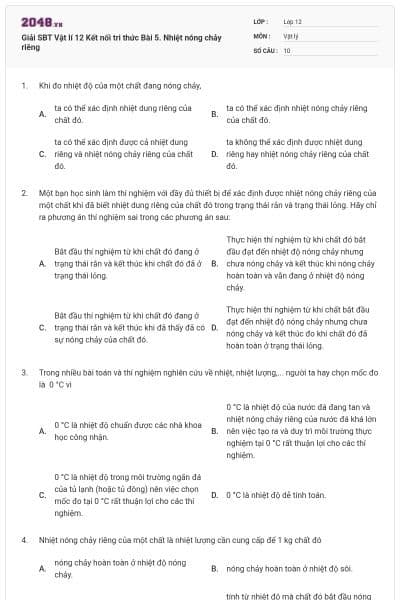 Giải SBT Vật lí 12 Kết nối tri thức Bài 5. Nhiệt nóng chảy riêng