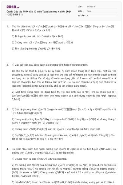 Ôn thi Cấp tốc 789+ vào 10 môn Toán khu vực Hà Nội 2024 - 2025 (Đề 11)