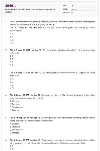 Giải SBT Hóa 12 CTST Bài 4: Saccharose và maltose có đáp án