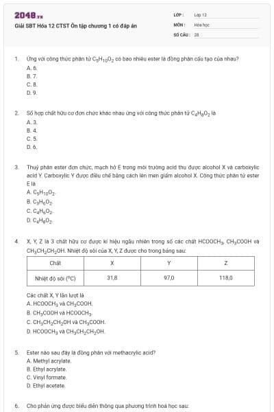 Giải SBT Hóa 12 CTST Ôn tập chương 1 có đáp án