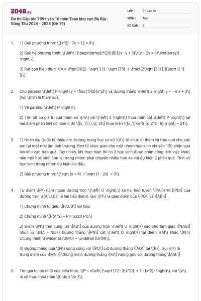 Ôn thi Cấp tốc 789+ vào 10 môn Toán khu vực Bà Rịa - Vũng Tàu 2024 - 2025 (Đề 19)