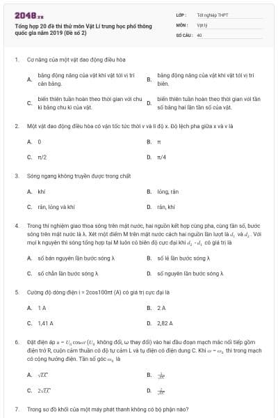 Tổng hợp 20 đề thi thử môn Vật Lí trung học phổ thông quốc gia năm 2019 (Đề số 2)