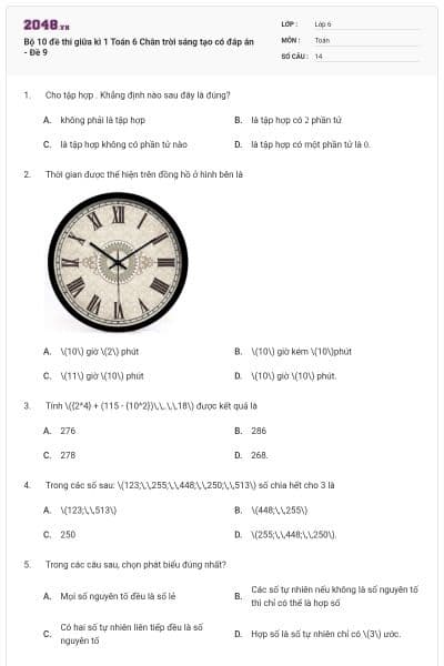 Bộ 10 đề thi giữa kì 1 Toán 6 Chân trời sáng tạo có đáp án - Đề 9