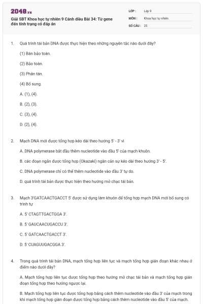 Giải SBT Khoa học tự nhiên 9 Cánh diều Bài 34: Từ gene đến tính trạng có đáp án