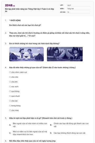 Bài tập phát triển năng lực Tiếng Việt lớp 3 Tuần 6 có đáp án