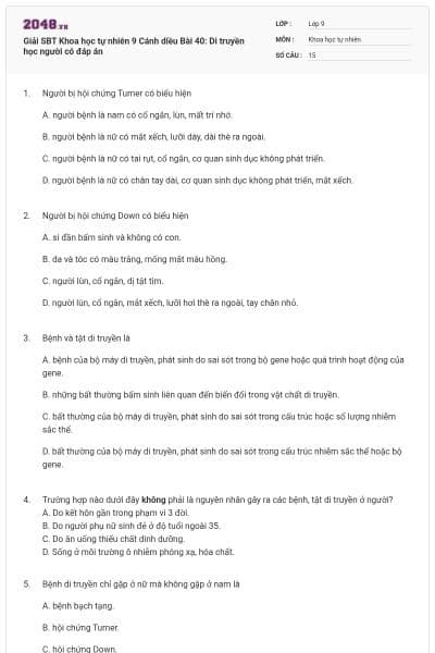 Giải SBT Khoa học tự nhiên 9 Cánh diều Bài 40: Di truyền học người có đáp án