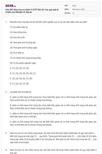 Giải SBT Khoa học tự nhiên 9 CTST Bài 36: Các quy luật di truyền của Mendel có đáp án