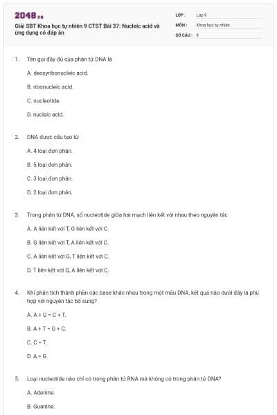 Giải SBT Khoa học tự nhiên 9 CTST Bài 37: Nucleic acid và ứng dụng có đáp án