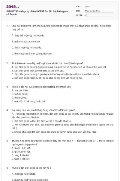 Giải SBT Khoa học tự nhiên 9 CTST Bài 38: Đột biến gene có đáp án
