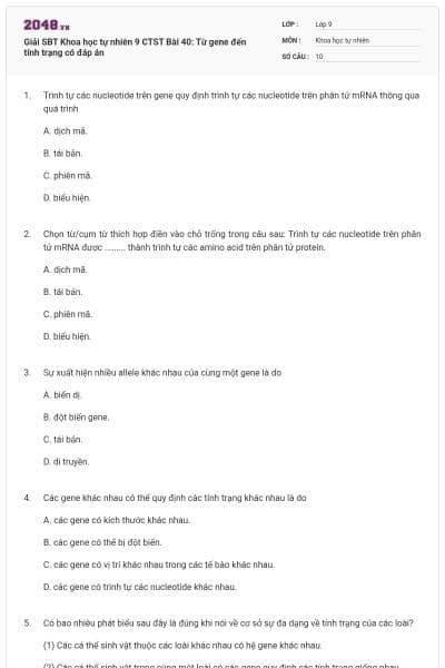 Giải SBT Khoa học tự nhiên 9 CTST Bài 40: Từ gene đến tính trạng có đáp án