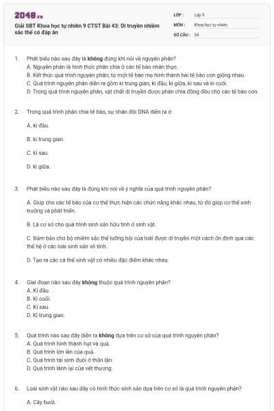 Giải SBT Khoa học tự nhiên 9 CTST Bài 43: Di truyền nhiễm sắc thể có đáp án