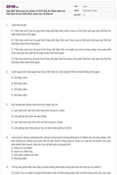 Giải SBT Khoa học tự nhiên 9 CTST Bài 46: Khái niệm về tiến hóa và các hình thức chọn lọc có đáp án