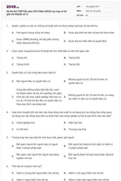 Đề thi thử THPTQG năm 2019 Môn GDCD cực hay có lời giải chi tiết(đề số 7)