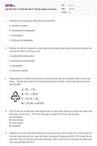 Giải SBT Hóa 12 Cánh diều Bài 9: Vật liệu polime có đáp án