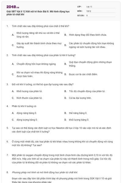 Giải SBT Vật lí 12 Kết nối tri thức Bài 8. Mô hình động học phân tử chất khí
