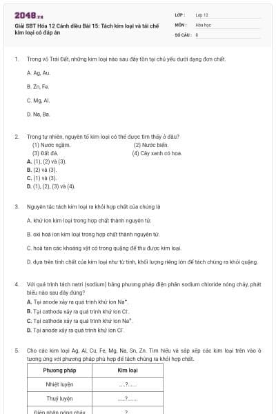 Giải SBT Hóa 12 Cánh diều Bài 15: Tách kim loại và tái chế kim loại có đáp án