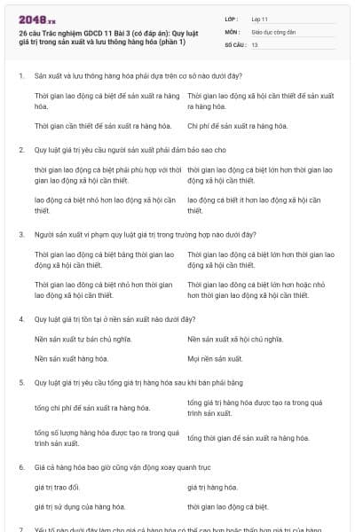 26 câu Trắc nghiệm GDCD 11 Bài 3 (có đáp án): Quy luật giá trị trong sản xuất và lưu thông hàng hóa (phần 1)