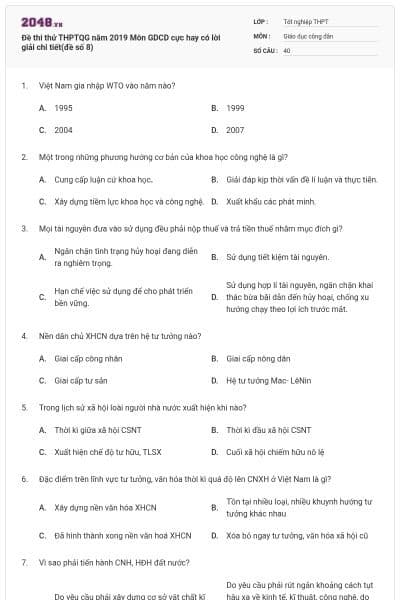 Đề thi thử THPTQG năm 2019 Môn GDCD cực hay có lời giải chi tiết(đề số 8)