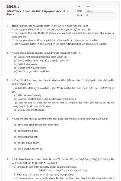 Giải SBT Hóa 12 Cánh diều Bài 17: Nguyên tố nhóm IA có đáp án