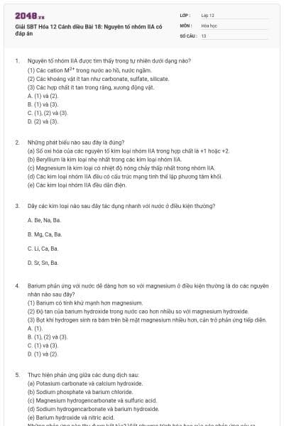 Giải SBT Hóa 12 Cánh diều Bài 18: Nguyên tố nhóm IIA có đáp án