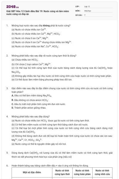 Giải SBT Hóa 12 Cánh diều Bài 19: Nước cứng và làm mềm nước cứng có đáp án