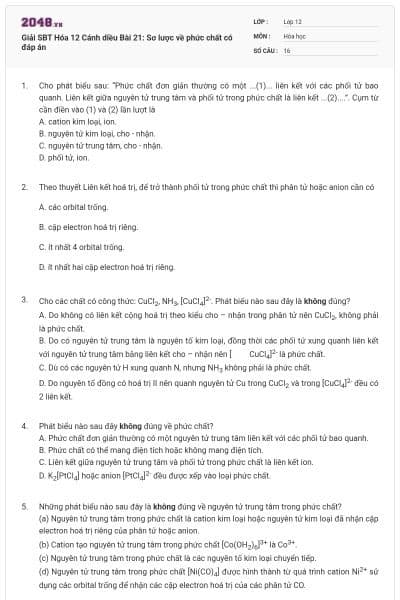 Giải SBT Hóa 12 Cánh diều Bài 21: Sơ lược về phức chất có đáp án