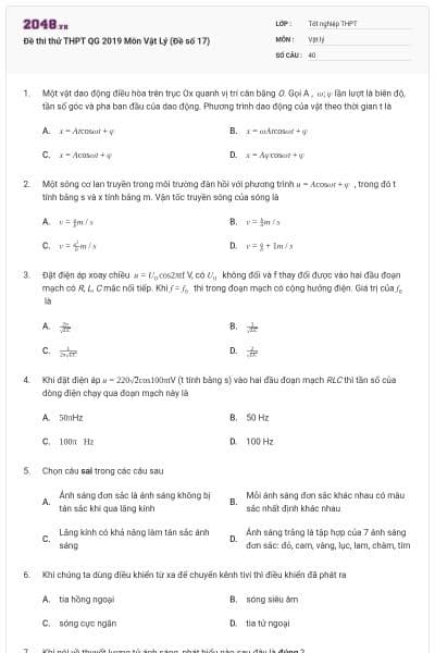 Đề thi thử THPT QG 2019 Môn Vật Lý (Đề số 17)