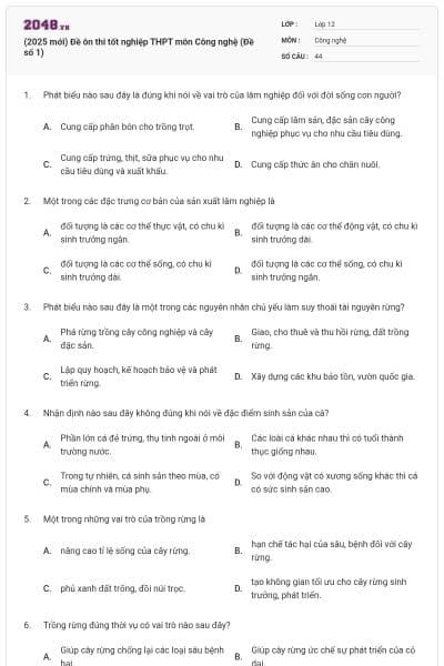 (2025 mới) Đề ôn thi tốt nghiệp THPT môn Công nghệ (Đề số 1)