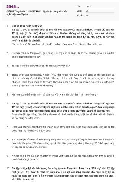 Giải SBT Ngữ văn 12 KNTT Bài 3: Lập luận trong văn bản nghị luận có đáp án