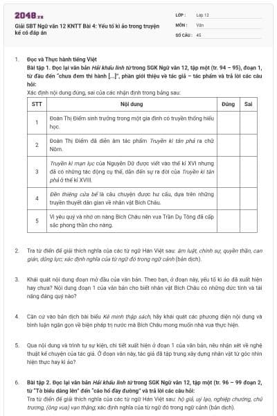 Giải SBT Ngữ văn 12 KNTT Bài 4: Yếu tố kì ảo trong truyện kể có đáp án