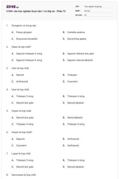 2100+ câu trắc nghiệm Dược liệu 1 có đáp án - Phần 72