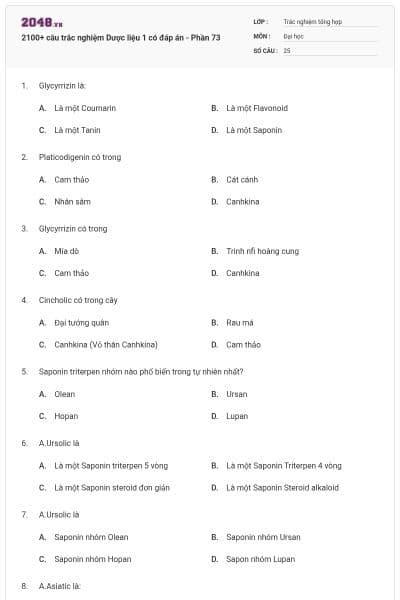 2100+ câu trắc nghiệm Dược liệu 1 có đáp án - Phần 73