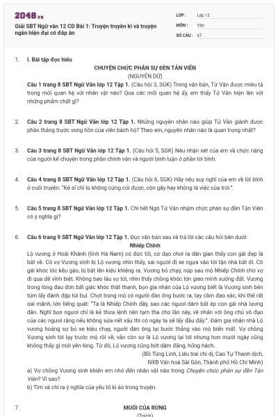 Giải SBT Ngữ văn 12 CD Bài 1: Truyện truyền kì và truyện ngắn hiện đại có đáp án