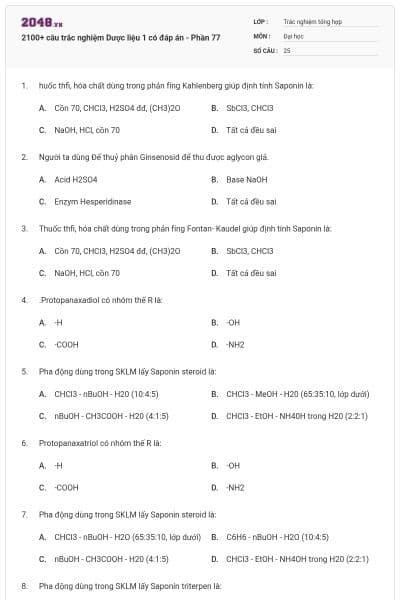 2100+ câu trắc nghiệm Dược liệu 1 có đáp án - Phần 77